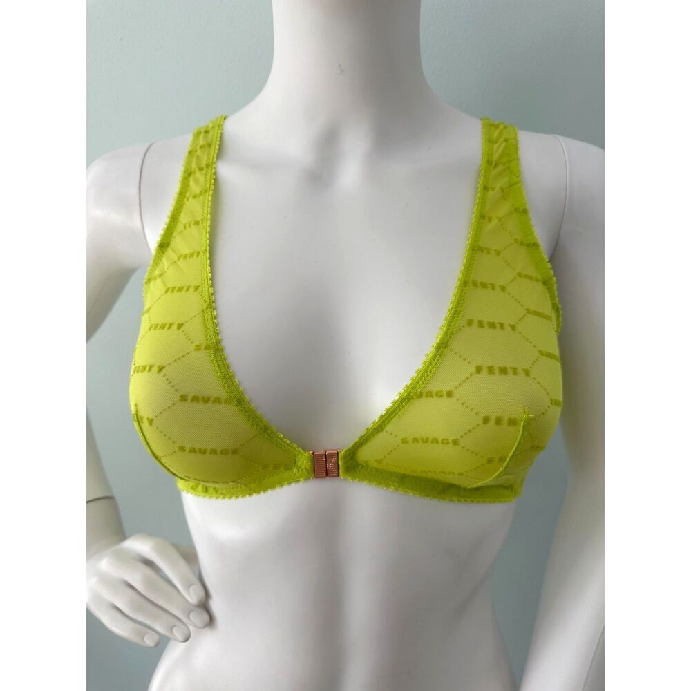 Savage X Fenty Flocked Logo Bralette size M Acid Lime Green Sheer Bra Lingerie